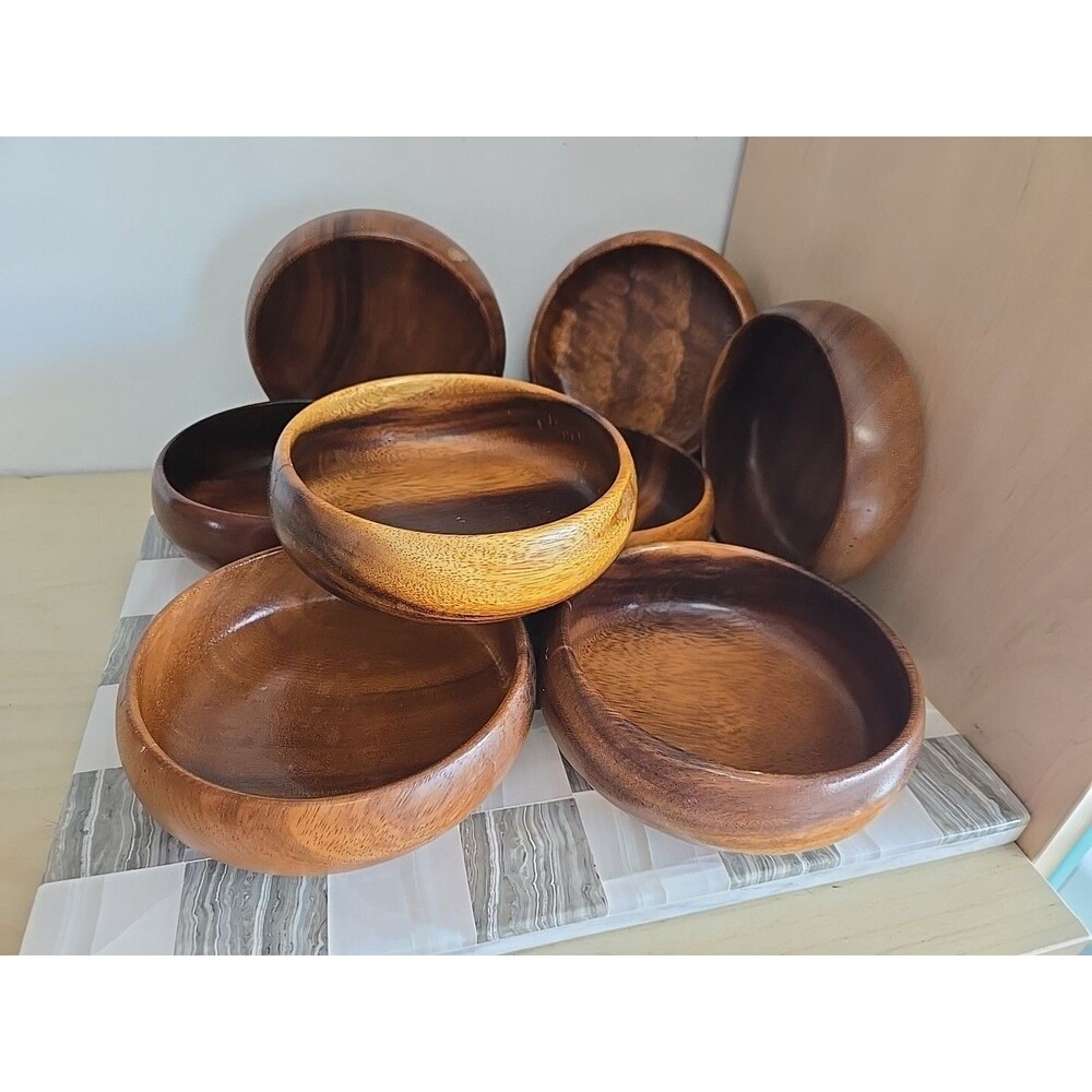 Mid Century Modern 8pc Vintage Monkey Pod Wood 6" Salad Bowl Set Handcrafted MCM